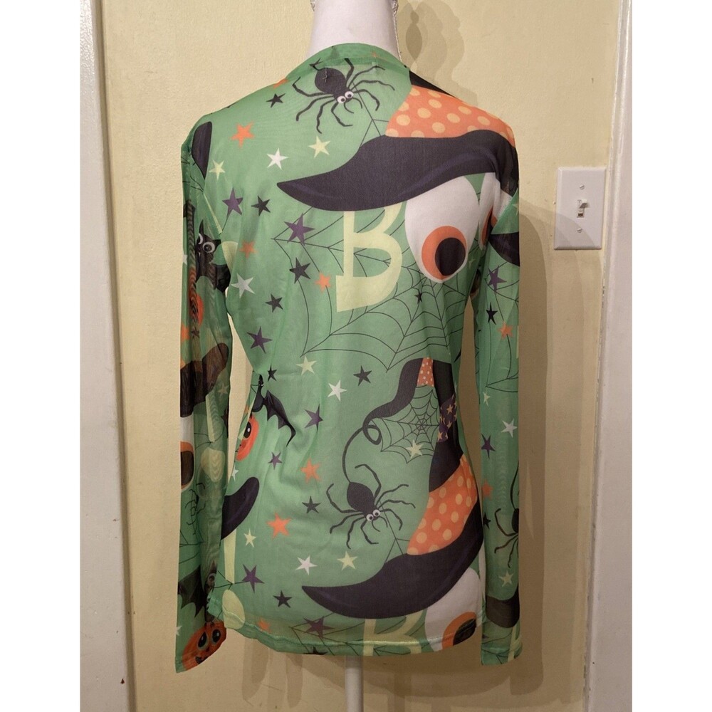 Halloween mesh long sleeve shirt Womens Medium New Pumpkin Bat Witch Spider Web - Picture 6 of 8
